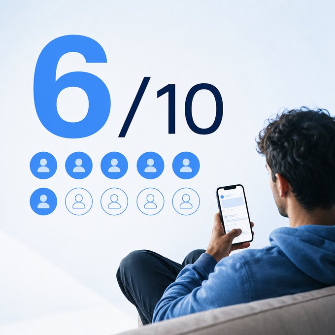 A promotional graphic displaying a '6/10' rating with six filled and four outlined user icons, alongside a person using a smartphone.