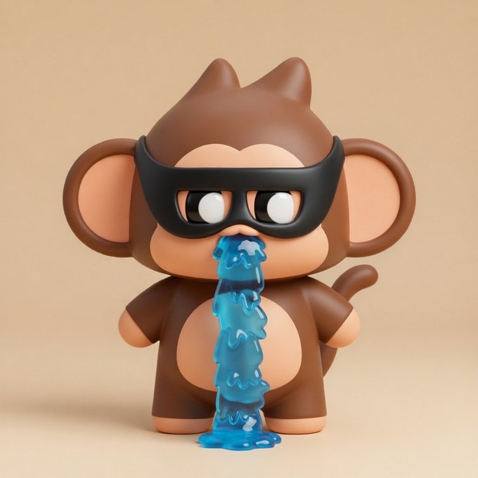 A 3D-rendered cartoon monkey figurine wearing a black domino mask and vomiting a stream of blue liquid.
