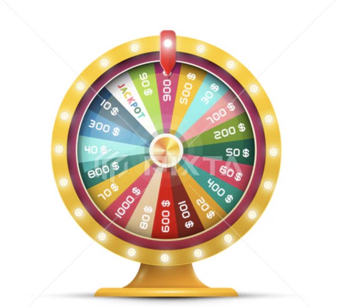 An illustration of a colorful prize wheel with various dollar amounts including $10, $50, $100, $200, $500, $1000, and a 'JACKPOT' section.