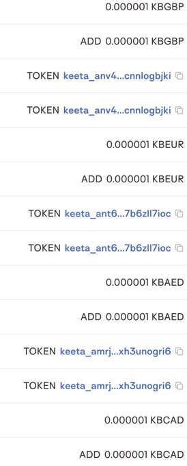 This image displays small amounts of stablecoins like KBGBP, KBEUR, KBAED, and KBCAD being added to various "keeta" tokens. This aligns with the accompanying post's observation of "interesting stablecoin activity on the $KTA network".