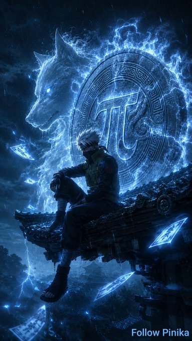 A digital illustration of a masked ninja character sitting on a rooftop ledge with a glowing blue wolf spirit and emblem behind him, with "Follow Pinika" in the corner.