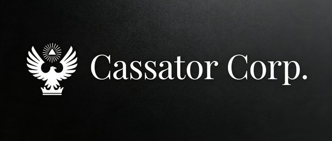 The image displays the "Cassator Corp." logo, featuring a white emblem of a winged figure crowned with a radiant sun above a crown, set against a dark textured background. This branding aligns with the post highlighting Cassator's transition into the RWA (Real World Assets) space, emphasizing their established platform now expanding into tokenization.