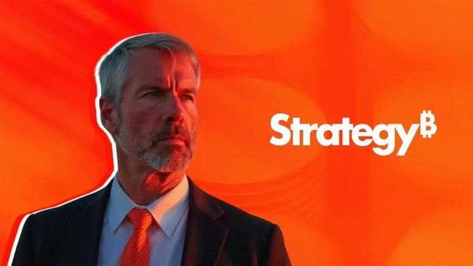 A serious-looking man with gray hair and beard, wearing a suit and tie, is shown against a vibrant orange background featuring the "Strategy" logo with a Bitcoin symbol. The image accompanies news that Michael Saylor's Strategy held its Bitcoin holdings steady at 845,050 BTC while repurchasing $176M worth of $STRC.