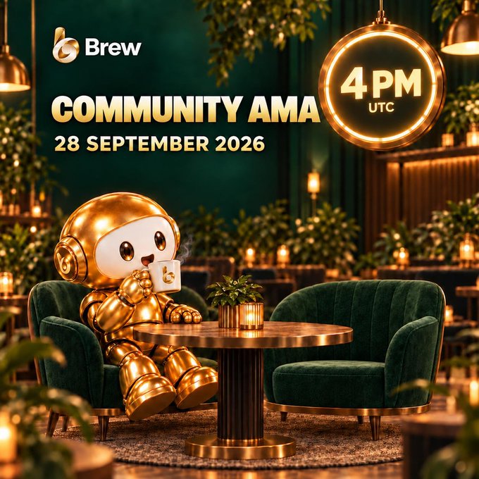 A promotional graphic for a 'Brew Community AMA' scheduled for 28 September 2026 at 4 PM UTC, featuring a golden robot mascot holding a branded mug in a green lounge setting.