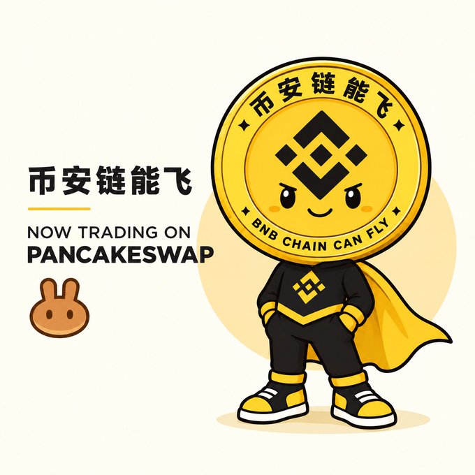 A promotional graphic for the BNB cryptocurrency featuring a cartoon mascot coin character with the text "币安链能飞" (BNB Chain Can Fly) and "NOW TRADING ON PANCAKESWAP."