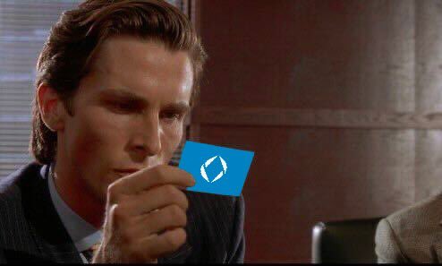 A scene featuring a man in a suit drinking from a white cup that has been edited with a blue square and white circular logo, resembling the Tron cryptocurrency logo, overlaid on it.