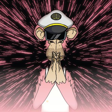 A digital illustration of an NFT monkey character wearing a captain's hat and sunglasses, with hands clasped together against a radiating pink background.
