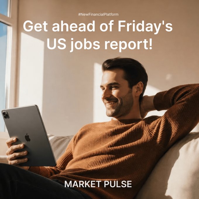 A relaxed man in a rust-colored sweater smiles while browsing on an iPad, overlaid with the text "Get ahead of Friday's US jobs report!" and "MARKET PULSE" beneath the hashtag #NewFinancialPlatform. The cozy, optimistic imagery reinforces the post's invitation to prepare for the upcoming jobs report with Bybit's forecasted post-NFP market reactions.