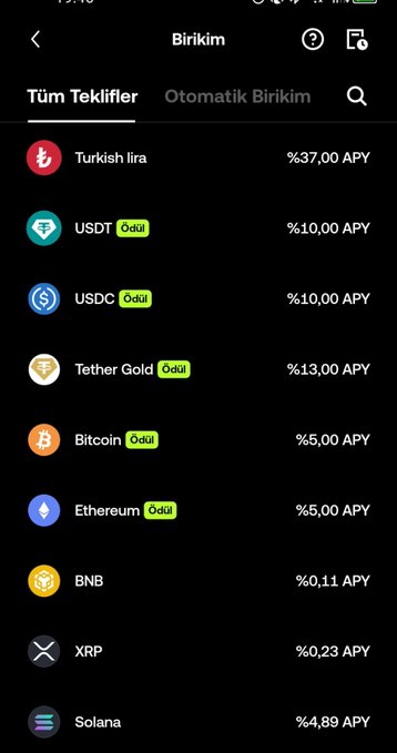 The image shows the OKX accumulation (Birikim) screen displaying various staking APY rates: 37% on Turkish Lira, 10% on USDT and USDC, 13% on Tether Gold, and lower rates (5%, 0.11%, 0.23%, 4.89%) on Bitcoin, Ethereum, BNB, XRP, and Solana. It visually supports the post's claim about OKX Turkey offering high yields on lira, dollar, and gold simultaneously.