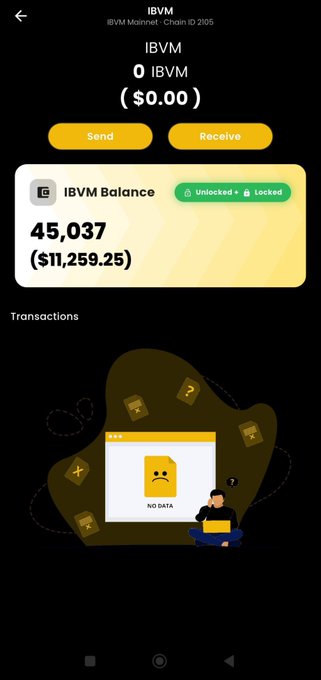 A cryptocurrency wallet interface displaying 'iBVM Mainnet - Chain ID 2105' with a balance of 45,037 iBVM (worth $11,259.25) that is both unlocked and locked, above a 'NO DATA' transactions section.