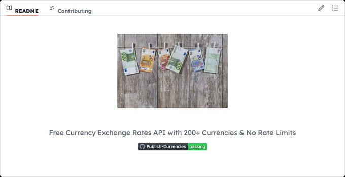 A README preview showcasing "Free Currency Exchange Rates API with 200+ Currencies & No Rate Limits" with a passing build status badge, featuring an image of various Euro banknotes hanging from a clothesline that visually represents the currency exchange service.
