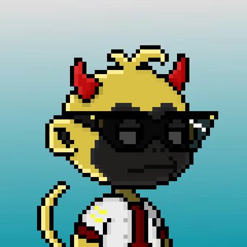 Pixel art of a yellow devil-like character wearing black sunglasses and a white outfit with red accents, set against a gradient blue background.