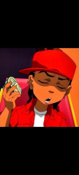 An animated character of a young person wearing a red cap and red jacket over a white shirt, with their eyes closed and mouth slightly open, holding up a stack of green cash in their right hand.