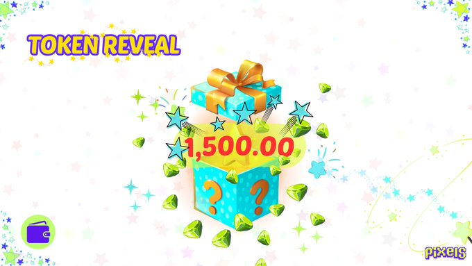 A vibrant "TOKEN REVEAL" screen displays an open gift box overflowing with gems and stars, revealing "1,500.00" tokens in a colorful, cartoonish style with a "PIXELS" logo in the corner.