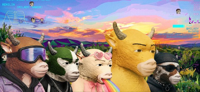 A colorful digital artwork featuring five anthropomorphic Milady NFT characters with animal heads (bull, cow, sheep) standing in a field against a vibrant sunset sky, with "$MILADY" branding visible.
