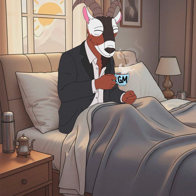 An illustration of an anthropomorphic goat wearing a suit sitting in bed holding a steaming cup that reads 'GM'.