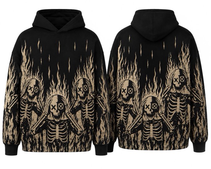 A black hoodie displayed from front and back views featuring a striking all-over print of skeletons with X'd-out eyes and hands covering their ears, engulfed in tan-colored flames—aligning with the post's edgy, hype-driven tone about building a top Web 3 luxury collectible brand.