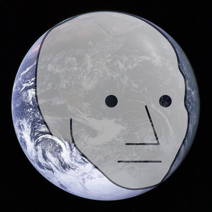 Earth as seen from space with a simple, cartoon-like face drawn over it, showing a neutral or unimpressed expression.