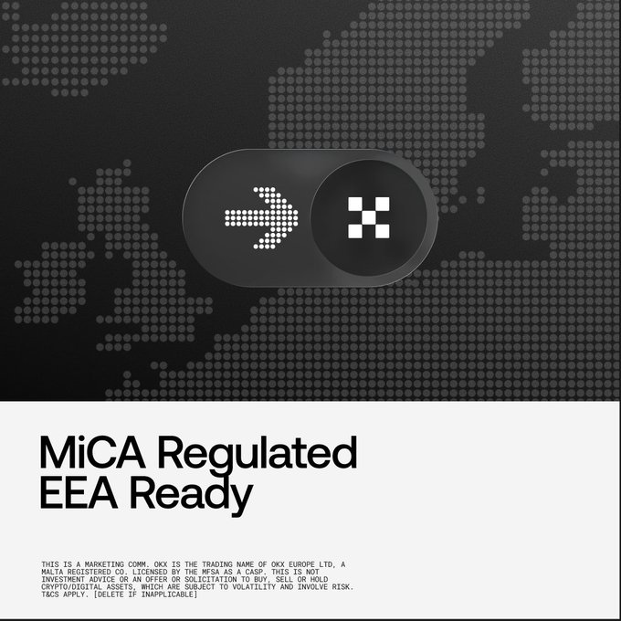The image shows a poster with an arrow pointing left, accompanied by text that reads "MiCA regulated ARA Ready". The poster also includes a map of Europe, which is black and white. The text on the poster indicates that MiCA enforcement begins in the EU on July 1st and will be enforced in all EU regions from July 1st to August 31st. It also mentions that the service is already MiCA-authorised, so users should not wait for it to become available in their region before switching to it.