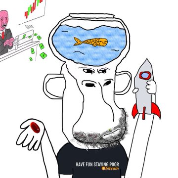 A cartoon caricature of a bald, bearded man with a fishbowl head (containing a goldfish) and a rocket, wearing a "HAVE FUN STAYING POOR" shirt, juxtaposed with a small inset of a green trading chart featuring dollar bills—visually mocking crypto or stock trading culture while celebrating the "Mint out" mentioned in the post.