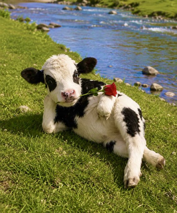 A black and white calf lies on green grass by a stream, playfully holding a red rose in its mouth.