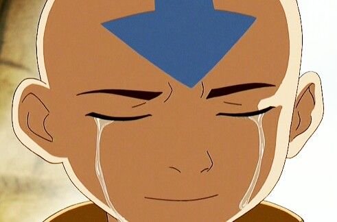An animated still of Aang from Avatar: The Last Airbender with his eyes closed and tears streaming down his face.