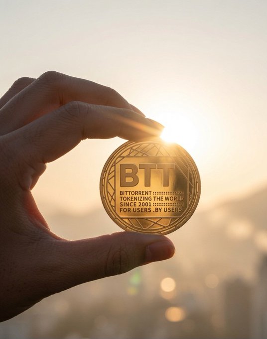 A hand holds a gold BTT (BitTorrent) token coin with the inscription 'BITTORRENT TOKENIZING THE WORLD SINCE 2001 FOR USERS. BY USERS.' against a backlit sun and cityscape.