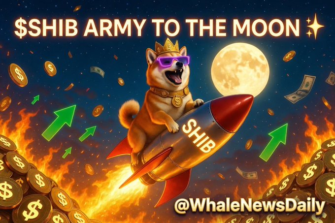 The vibrant image shows "$SHIB ARMY TO THE MOON" emblazoned above a crowned, sunglasses-wearing Shiba Inu riding a rocket labeled "SHIB" past a glowing full moon, surrounded by flames, dollar coins, green upward arrows, and the watermark "@WhaleNewsDaily." The imagery perfectly captures the post's bullish sentiment, visualizing the Shiba Inu community ("SHIB Army") as a crowned leader whose rocket is fueled by whale accumulation, token burns, and unshakable holders preparing for liftoff.
