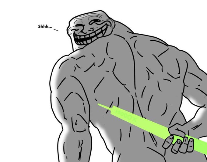 The image features a cartoon depiction of a muscular man with a green sword, holding it over his shoulder as if ready to strike. He has a large head and a big smile on his face, giving off an impression of being a mean or evil character. The background is white, which contrasts with the colorful illustration of the man and his sword.

The caption at the bottom of the image reads "And for my next trick…. $Troll". This phrase refers to the man's reputation as a mean or evil character in the cartoon.