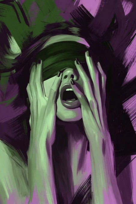 A dramatic painted portrait of a figure with a green blindfold, black painted lips, and elongated hands raised to their face in a haunting scream, rendered in bold green and purple brushstrokes. The image's raw emotional intensity and one-of-a-kind aesthetic align with the post's call to collect an exclusive 1/1 NFT piece on objkt.com during #tezostuesday.