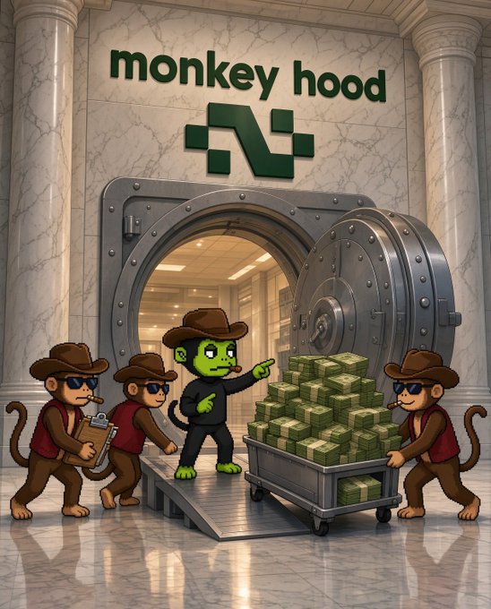 The image shows a cartoon scene of monkeys in cowboy hats and sunglasses loading stacks of cash into a massive bank vault labeled "monkey hood," with a green ogre-like monkey boss directing them—visually symbolizing the "$100,000 in the treasury" being secured for future public stock holdings mentioned in the post.
