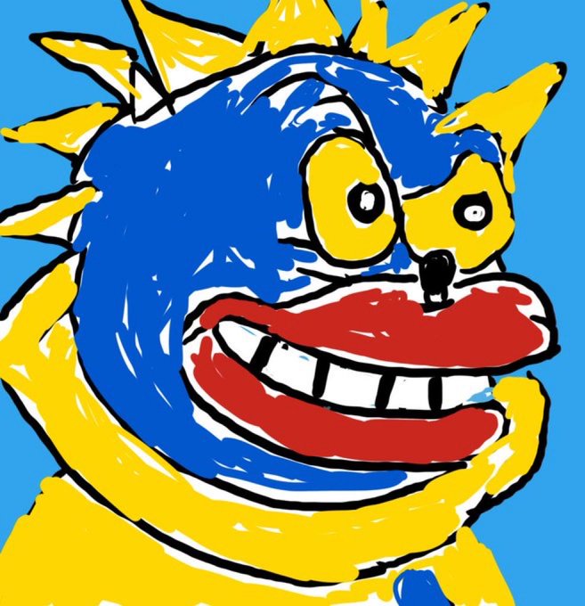 A colorful, cartoonish illustration of a blue creature with yellow spiky hair, bulging yellow eyes, and a wide mouth full of teeth, with a red tongue and lips.