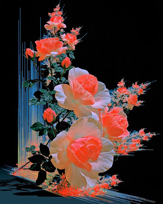 A vibrant digital composition of coral and cream roses with glitch-like blue and orange distortions cascading down a stark black background, mirroring the post's "LONG GAME" theme by symbolizing beauty cultivated through extended, persistent growth. The chaotic pixel streaks suggest the turbulent, time-consuming process behind achieving something elegant and lasting.