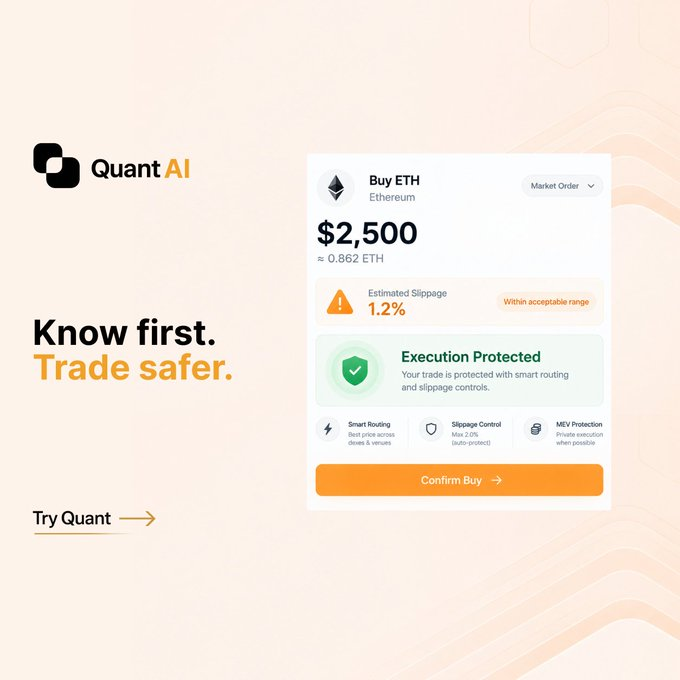 A promotional graphic for 'Quant AI' displays a cryptocurrency purchase interface for 'Buy ETH Ethereum' at '$2,500 ≈ 0.862 ETH', showing '1.2%' slippage and 'Execution Protected' status, with the tagline 'Know first. Trade safer.'