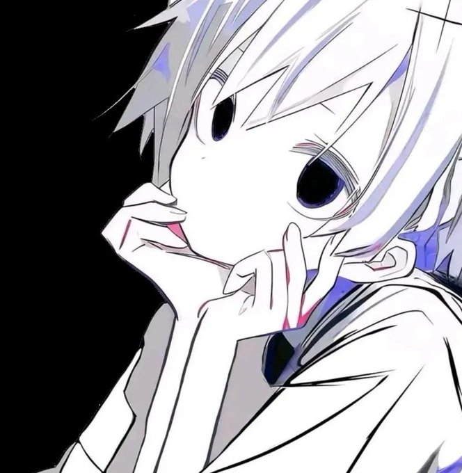An anime-style illustration of a white-haired character with large dark eyes holding their hand near their face.