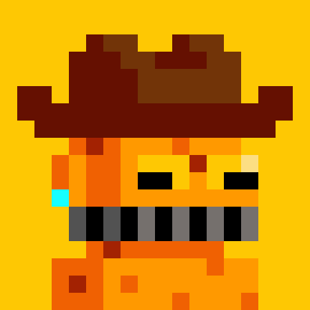 A pixel art illustration depicts an orange-skinned character wearing a brown cowboy hat, a gray bandana around the mouth, and a turquoise earring against a solid yellow background.