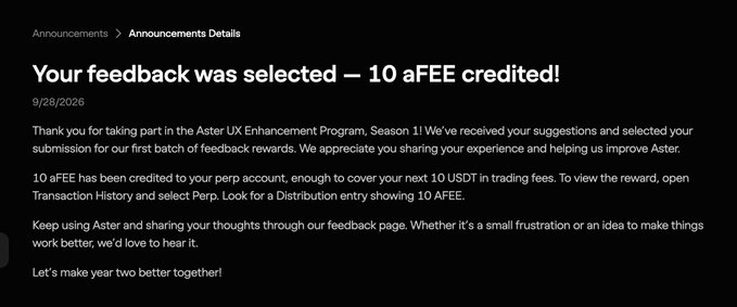 Announcement screenshot from Aster dated 9/28/2026 titled 'Your feedback was selected — 10 aFEE credited!', thanking the user for participating in the Aster UX Enhancement Program Season 1.1 and crediting 10 aFEE to their perp account.