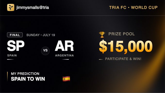 A TRIA FC World Cup prediction screen for the final between Spain and Argentina on Sunday, July 19, with a $15,000 prize pool and the user's prediction of Spain to win.