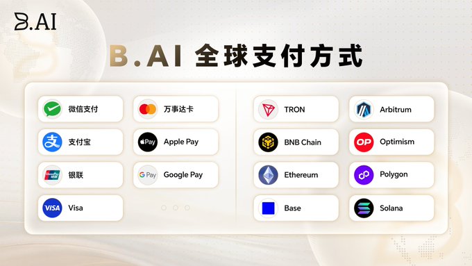 A promotional graphic for "B.AI" showcases their diverse global payment options, displaying logos for 16 methods including WeChat Pay, Alipay, Visa, Apple Pay, and Google Pay alongside cryptocurrencies like TRON, Arbitrum, BNB Chain, Optimism, Ethereum, Polygon, Base, and Solana—visually reinforcing the claim that "You can pay with anything."