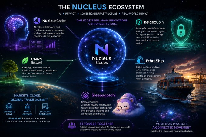 A futuristic infographic titled 'THE NUCLEUS ECOSYSTEM' showing various interconnected projects including NucleusCodes (AI-native intelligence), BeldexCoin (privacy infrastructure), CNPY Network, EthraShip (global trade), and Sleepagotchi, built around AI, privacy, and sovereign infrastructure.