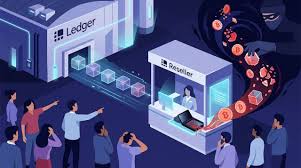 An illustrated graphic shows a crypto transaction being processed through 'Ledger' and 'Trezor' hardware wallets, with coins flowing between the two branded devices while people watch in the background.