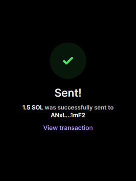 A green checkmark confirmation screen indicates "Sent!" a successful transfer of 1.5 SOL to the wallet address ANxL...1mf2, with a link to "View transaction." This visually supports the post's announcement about sending SOL prizes to winners before a memecoin launch.