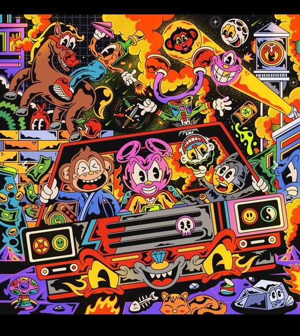 A vibrant, colorful cartoon illustration depicting characters driving a car through a chaotic, explosive scene with flames, a bull, money, skulls, and other cartoon elements.