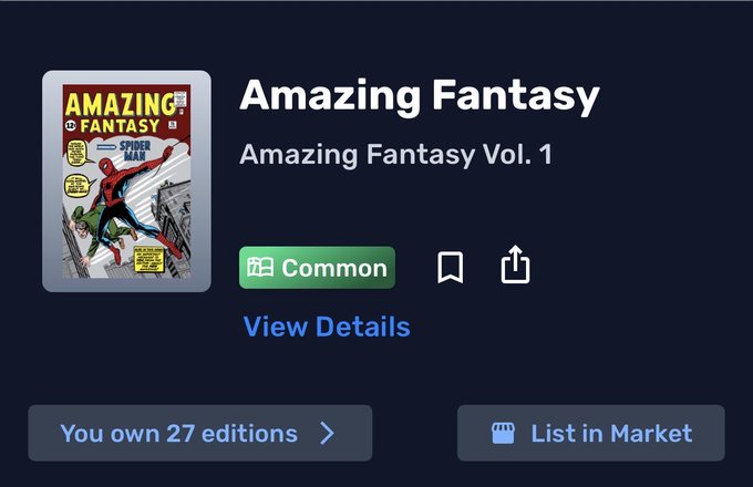 A digital card interface for 'Amazing Fantasy Vol. 1' (featuring Spider-Man), marked as a 'Common' rarity item, indicating the user owns 27 editions and offering a 'List in Market' button.