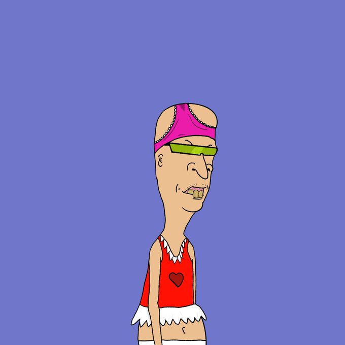 A cartoon illustration of a character wearing a pink headband, neon green sunglasses, and a red cheerleader outfit with a heart, set against a solid blue background.