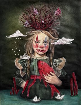 A surreal painting of a young girl with clown-like makeup holding a red deer or rabbit, set against a dark background with clouds raining on one side and clouds on the other, with small sailboats floating in water at her feet.