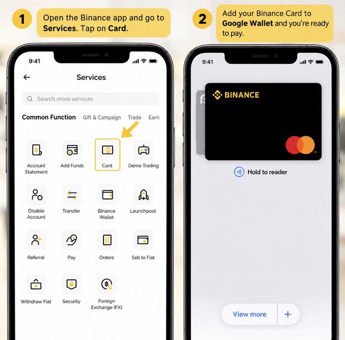 A two-step tutorial screenshot showing how to add a Binance Card to Google Wallet: step 1 displays the Binance app's Services menu with an arrow pointing to the "Card" icon, and step 2 shows the black Binance Card with the Mastercard logo ready to be tapped to pay via Google Wallet.
