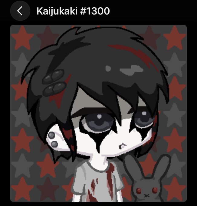 This image displays Kaijukaki #1300, an NFT featuring a character with black and red hair, a gray shirt with red splatters, and a small dark bunny. The image is relevant to the post announcing a giveaway of this particular Kaijukaki.