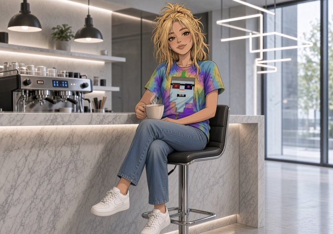 An anime-style illustration depicts a young woman with messy blonde hair sitting on a bar stool, wearing a tie-dye shirt and jeans while holding a coffee cup.