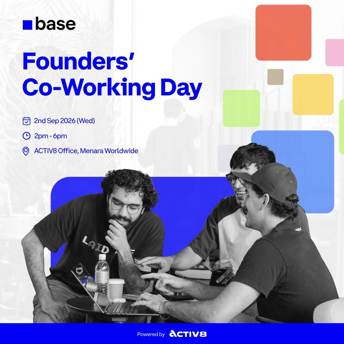 Promotional graphic for 'base' Founders' Co-Working Day scheduled for 2nd Sep 2026 (Wed) from 2pm-6pm at ACTIV8 Office, Menara Worldwide, powered by ACTIV8, featuring an image of three men laughing and working together around a laptop with colorful geometric squares in the background.